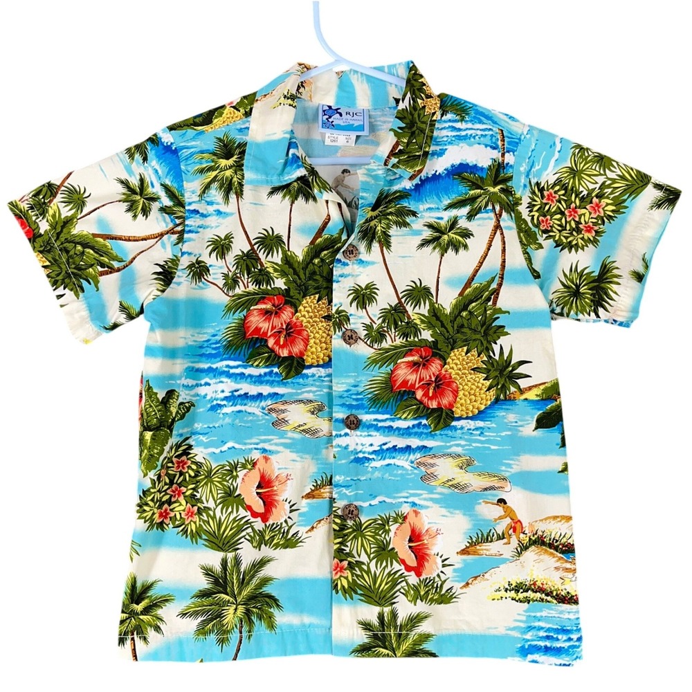 RJC Vintage 90s Island Surf Print Shirt Boys‎ S Hawaiian Made In USA Cotton